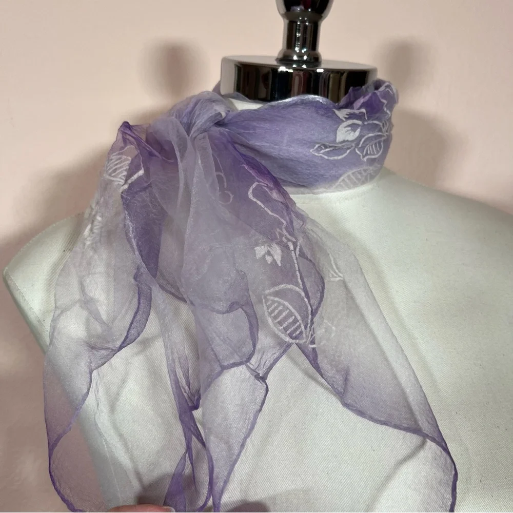 Vintage 1960 70’ semi sheer purple white flocked cottagecore floral Scarf